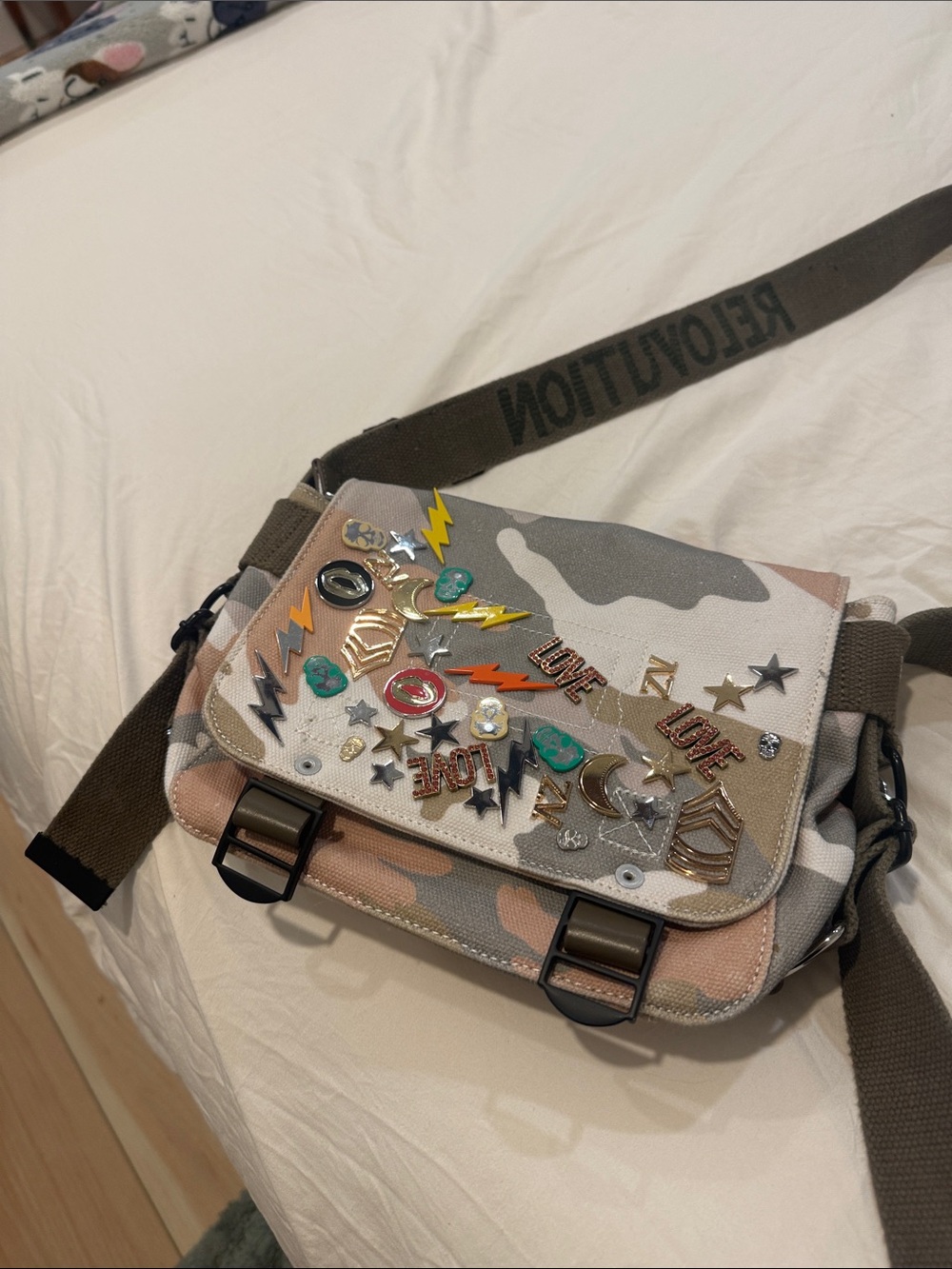 Zadig & Voltaire Canvas Camo Crossbody Bag with Decorative Pins - Beige & Olive - Picture 4 of 6